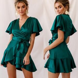 Selfie Leslie Cami Angel Sleeve Faux Wrap Dress Jade